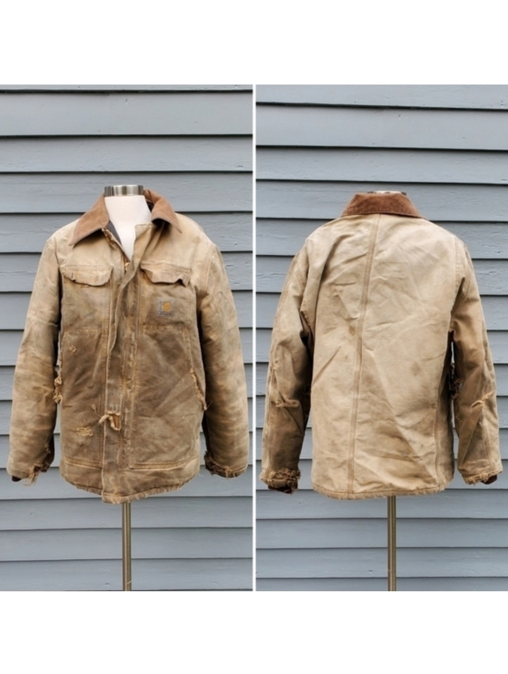 Vintage 90s y2k Carhartt Distressed Thrashed Tan Brown Canvas‎ Work-Utility Coat
